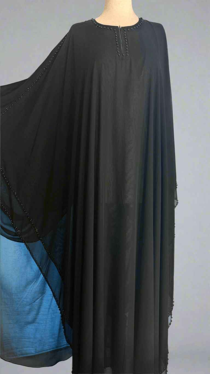 Black Double Layer chiffon Poncho with Pearl