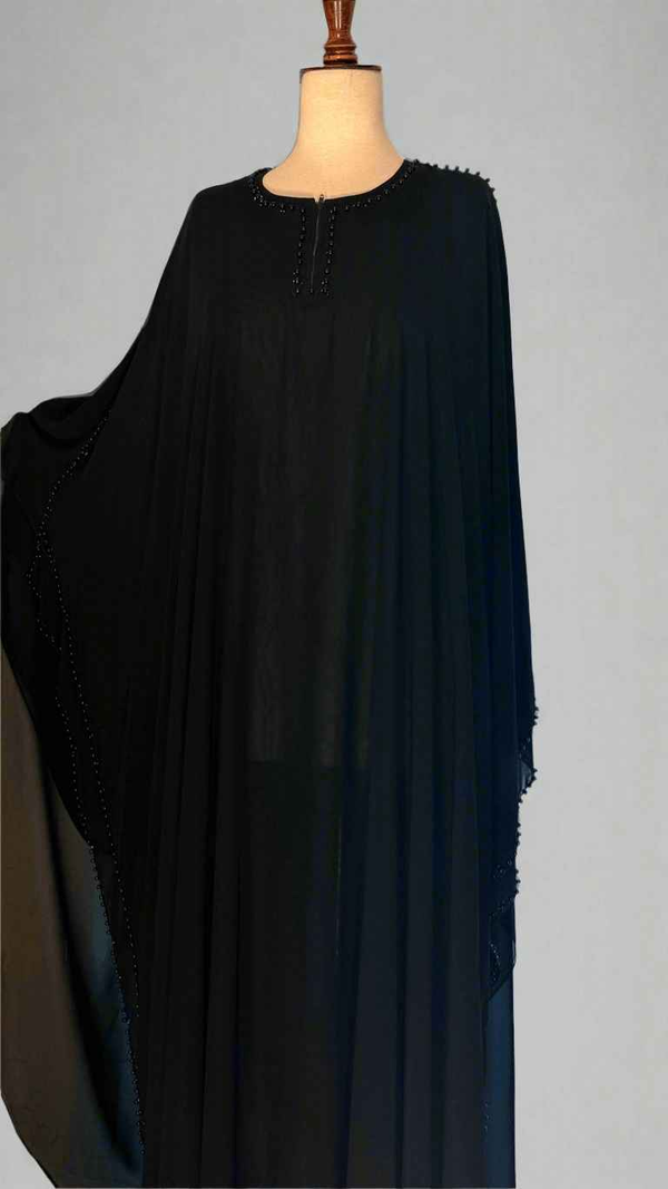 Black Double Layer chiffon Poncho with Pearl