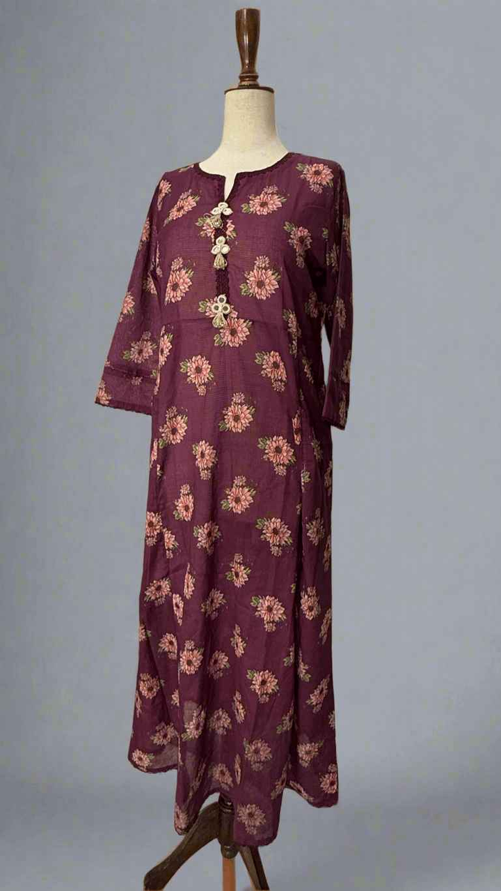 Deep Purple Floral Dress with Embellished Work