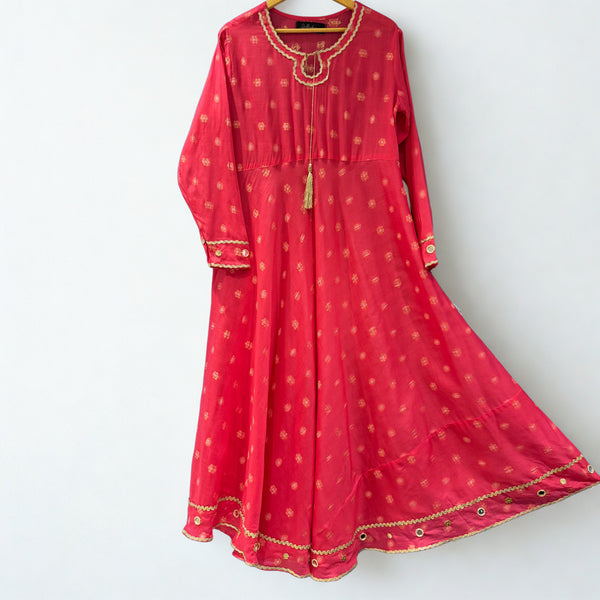 Bright Pink Brochia Umbrella Maxi with Embellished Mirror and Gota work