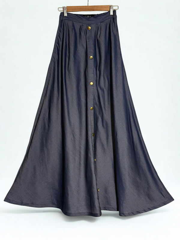 Dark Blue Denim  Skirt With Button