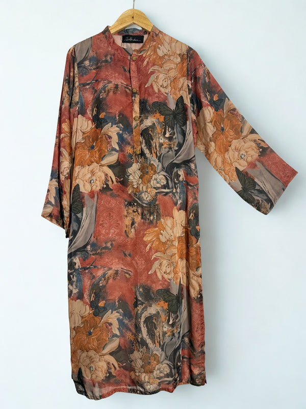 Rust with Skin Printed Silk Long Shirt and Trouser