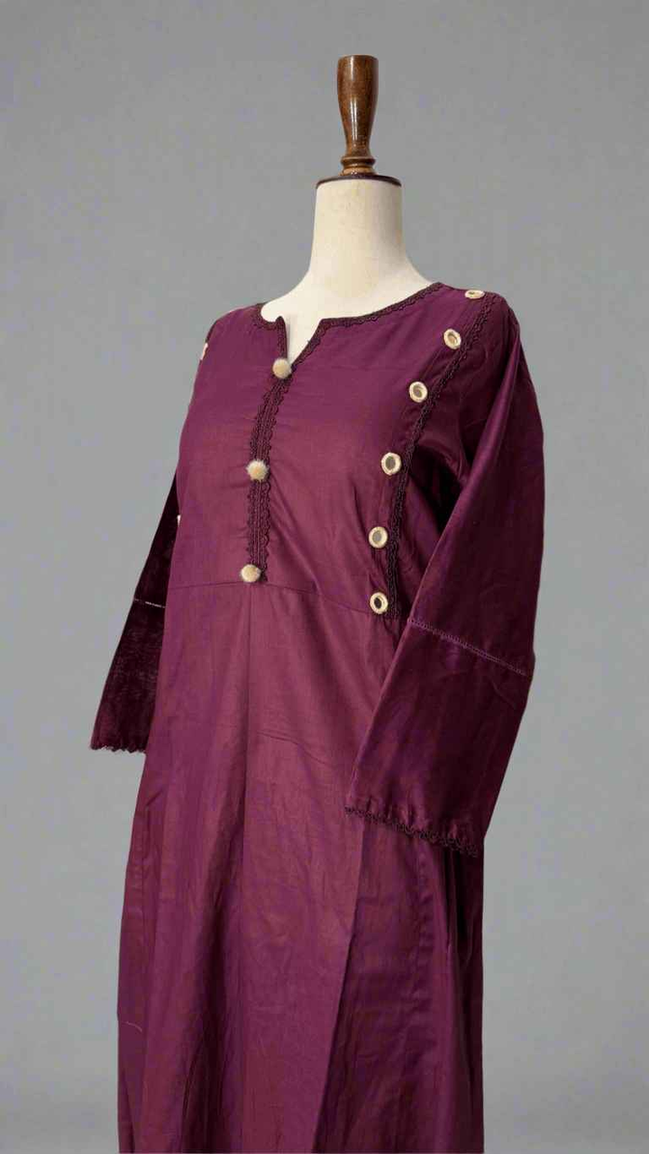 Plain Plum Long Dress with Embellished Work