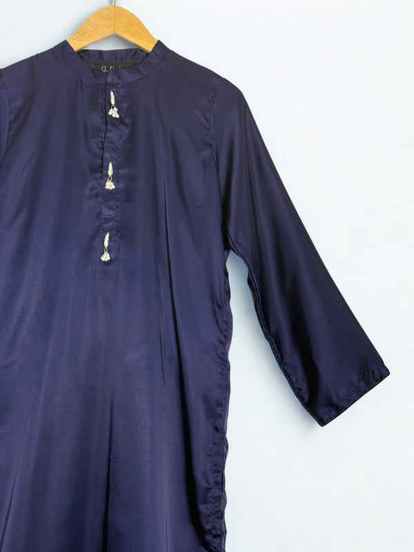 Navy Blue Plain Silk Dress with Tussle on Front