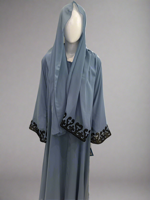 Dull Blue double Layer chiffon Abaya with Embellished work and Matching Hijab