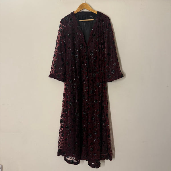 Black with Mahroon Fancy Net Gown with Black Silk Inner with Matching Hijab