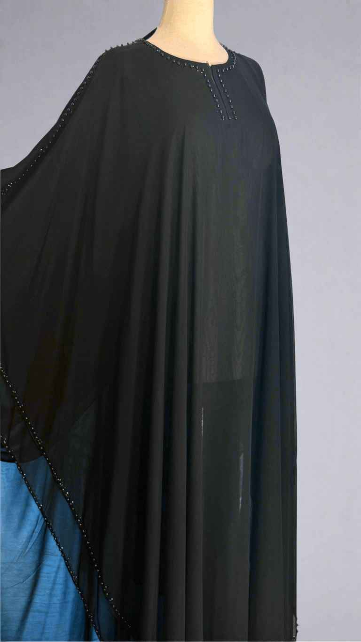 Black Double Layer chiffon Poncho with Pearl