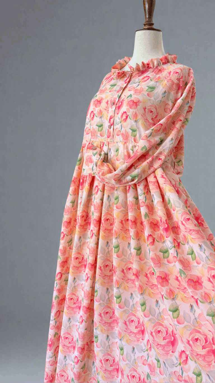 Grip Peachy Pink Floral Long Dress Maxi with Embellished Work