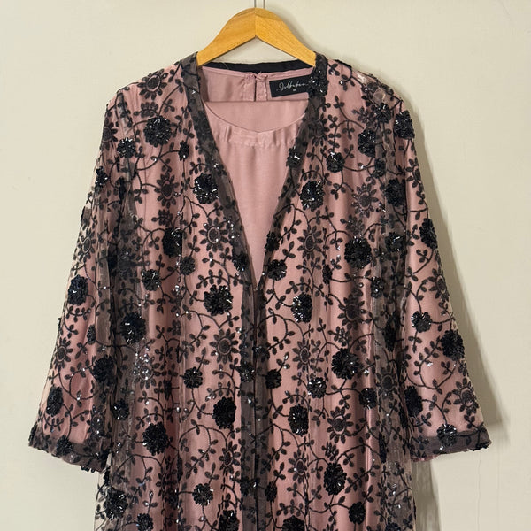 Black with TeaPink Sequence Net Gown with Silk Inner and Matching Silk Hijab