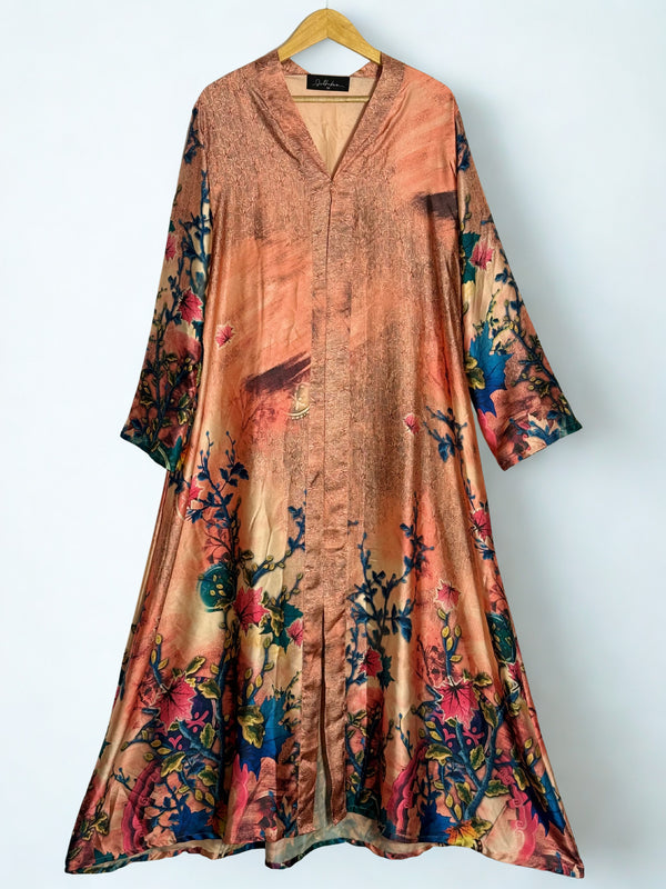 Peach  Gown with Floral Printed Border