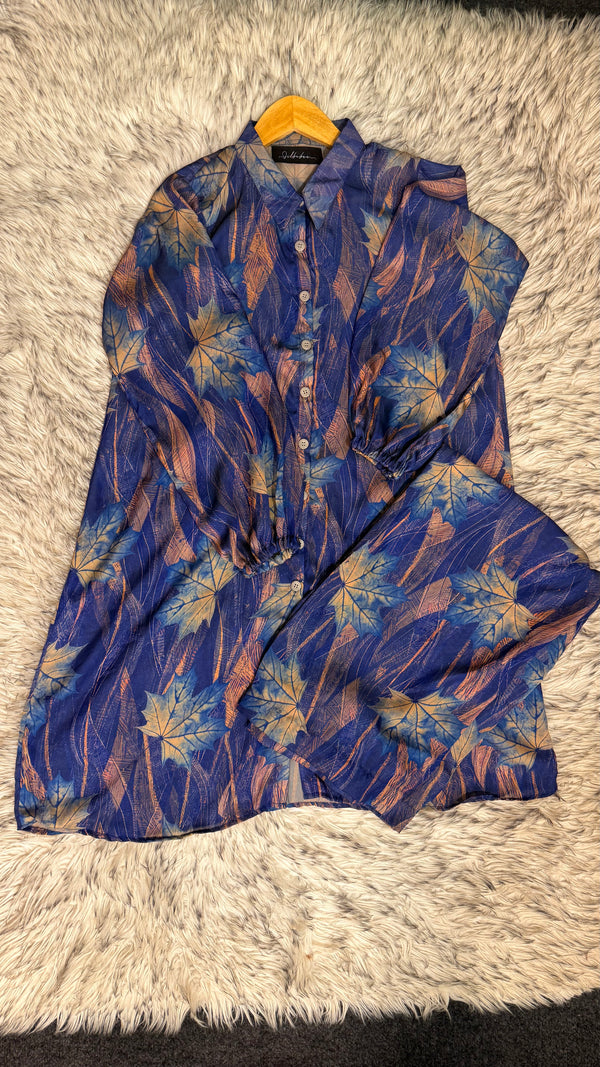 Dark Blue Printed Silk Cord Set