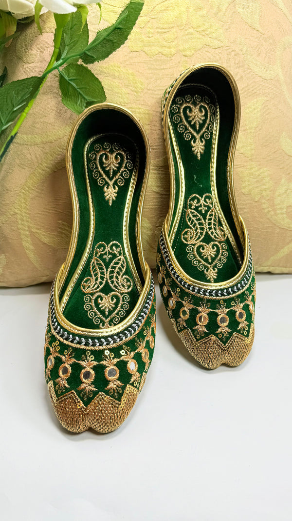 Festive Khussa Bottle Green Color | Handmade Velvet Traditional Women's Footwear