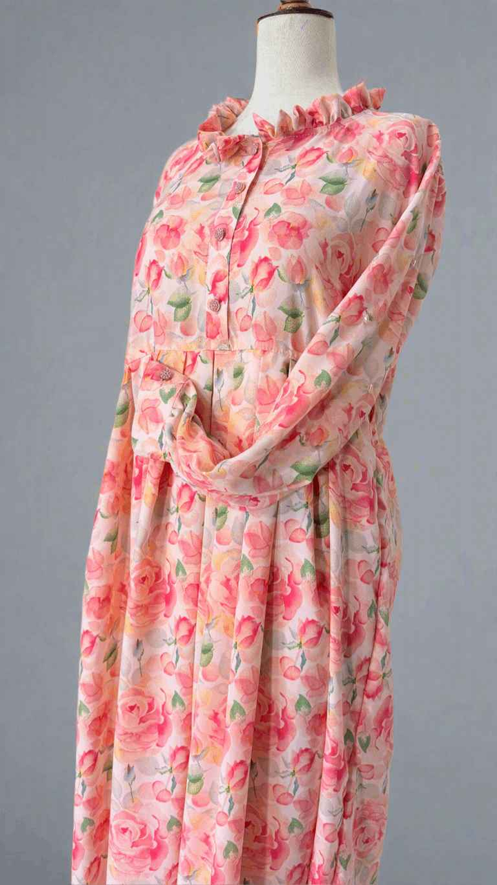 Grip Peachy Pink Floral Long Dress Maxi with Embellished Work