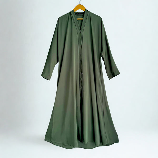 Olive Green Maxi silk Abaya with Button