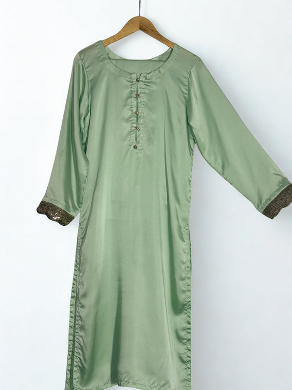 Pistachio Green plain Silk Dress with Embellished work on Sleeves