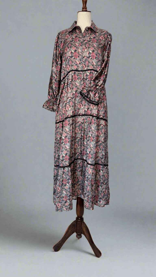 Three Layer Floral Silk Long Dress Maxi