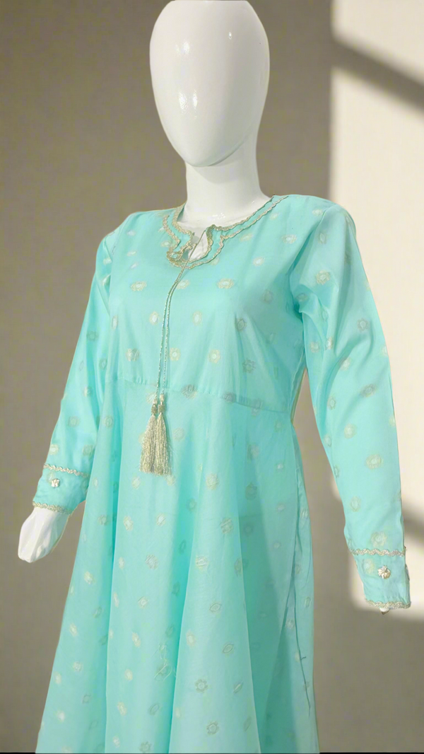 Sea Blue Brochia Umbrella Maxi with Embellished Mirror work