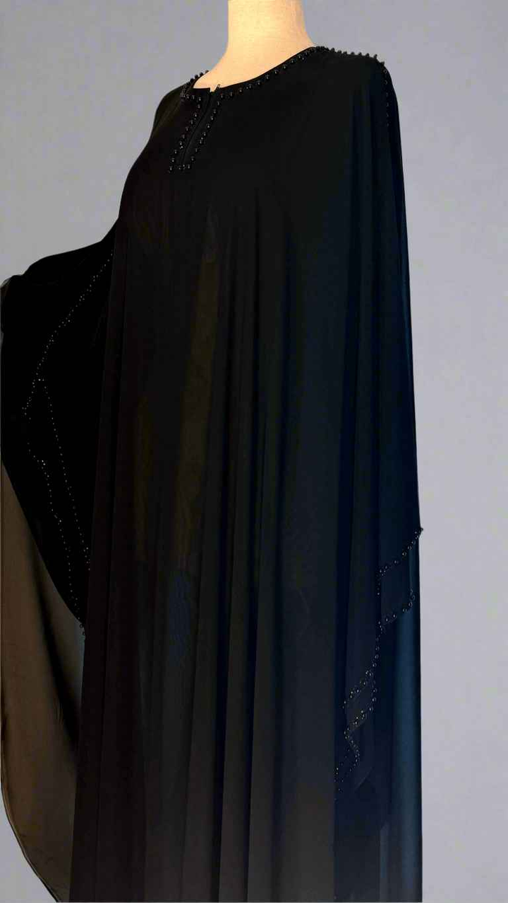 Black Double Layer chiffon Poncho with Pearl