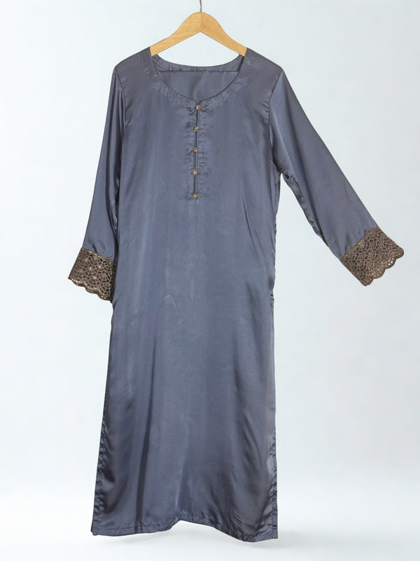 Cool Blue Plain Silk Dress With Fancy Lace on Sleeves