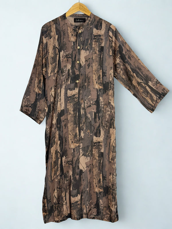 Beige Printed Silk Long Shirt & Trouser