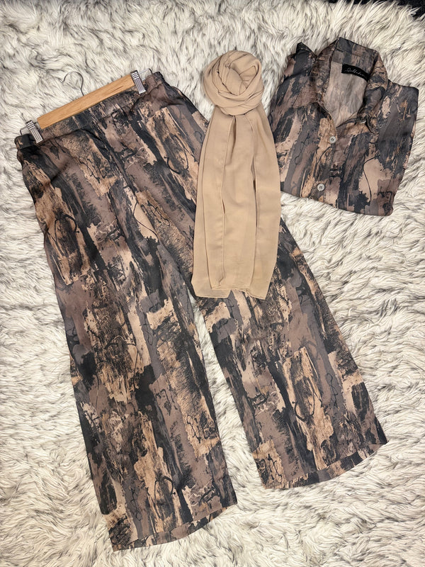 Beige Printed Silk CordSet