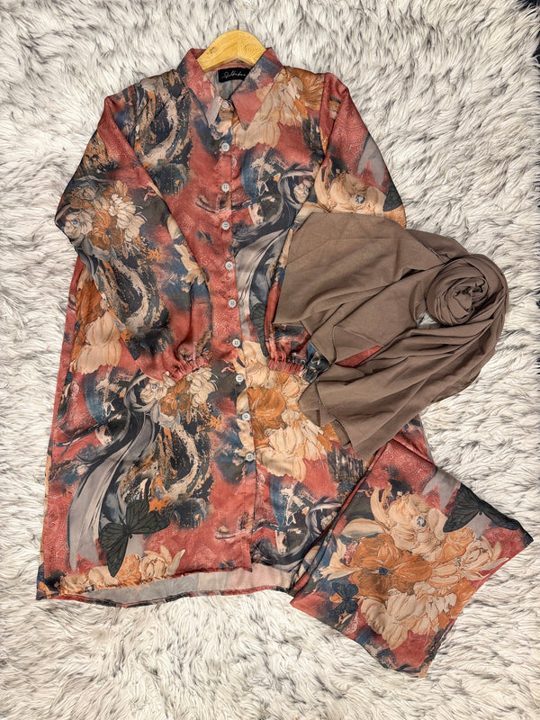 Rust With Skin Printed Silk CordSet