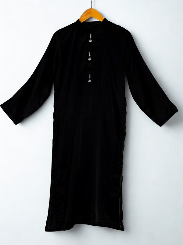 Black Plain Silk Dress with tussle on Neck