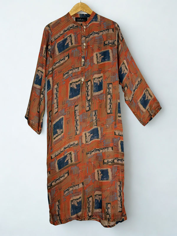 Orange Printed Silk Long Shirts & Trouser