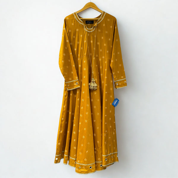 Mustard brochia Umbrella Maxi with Embellished Mirror& Gota work