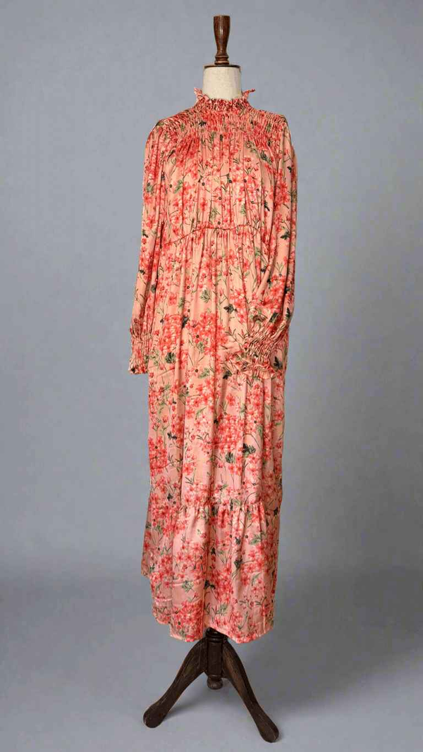 Peach Floral Silk Long Dress Maxi