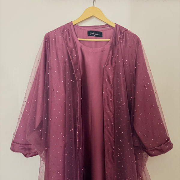 Mauve Pearl Net Kaftan With Silk Inner and Matching Hijab
